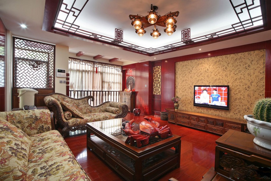 现代中式客厅电视墙效果图