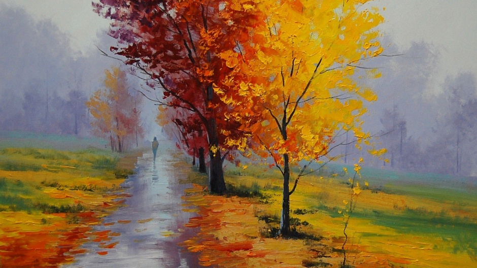 精致细腻的秋天公园风景油画图片