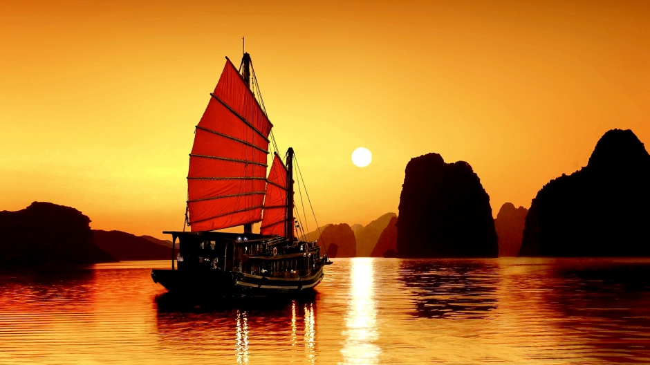 夕阳下的小舟唯美风景壁纸