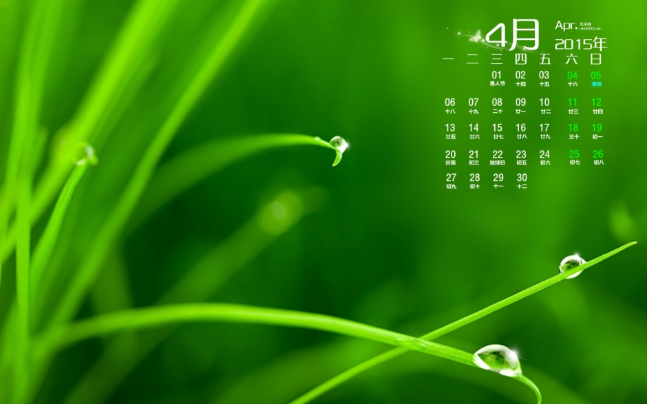 2015年4月日历养眼清新的绿色自然美景植物高清电脑桌面壁纸