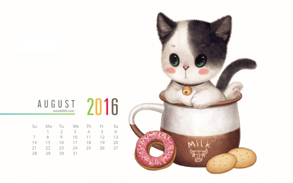 2016年8月日历杯中可爱的小花猫图片电脑桌面壁纸下载