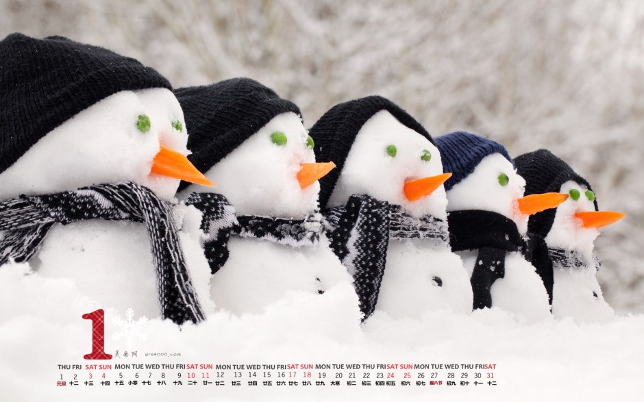 2015年1月日历童年的美好回忆堆雪人高清电脑桌面壁纸下载
