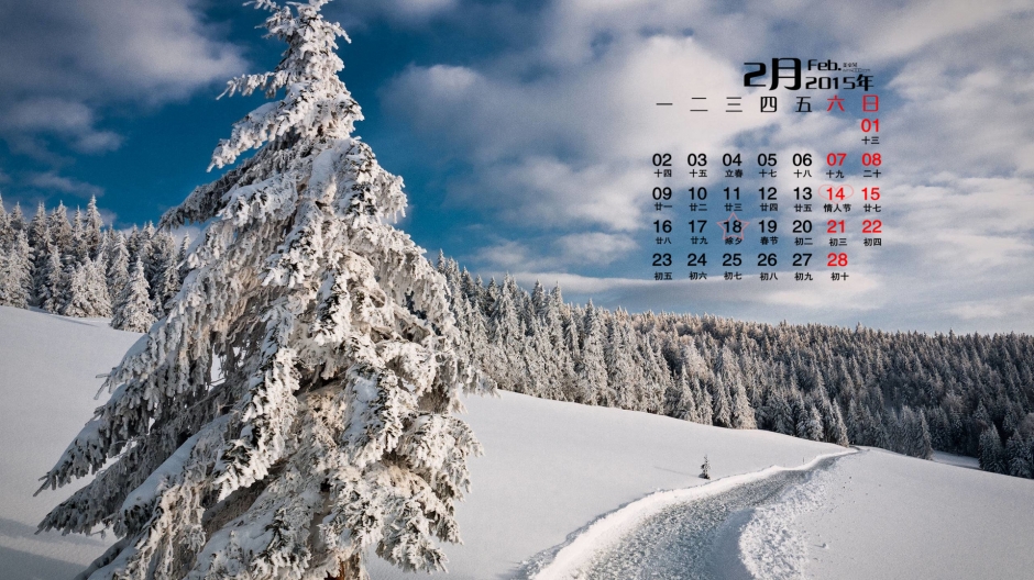 2015年2月日历壁纸精选寒冷冬天唯美大自然雪景素材图片下载