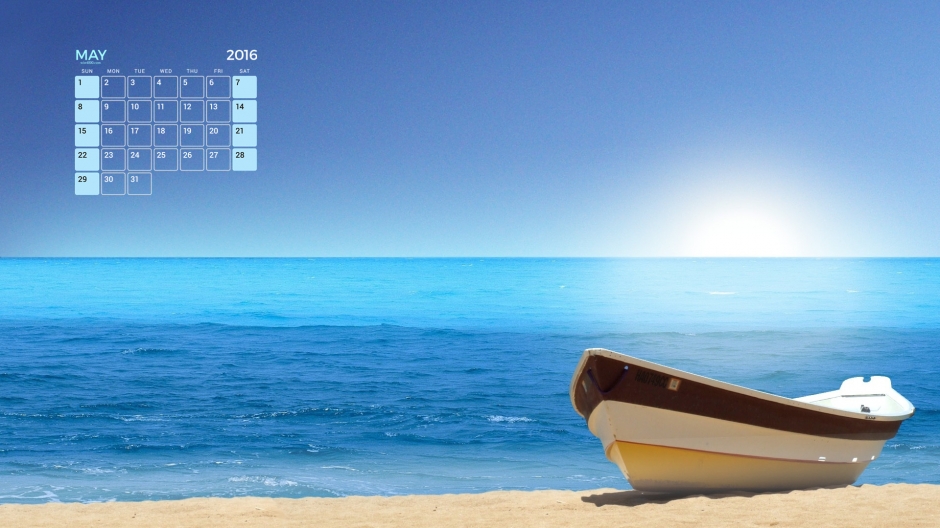 2016年5日日历唯美海滩上的小船高清电脑桌面壁纸