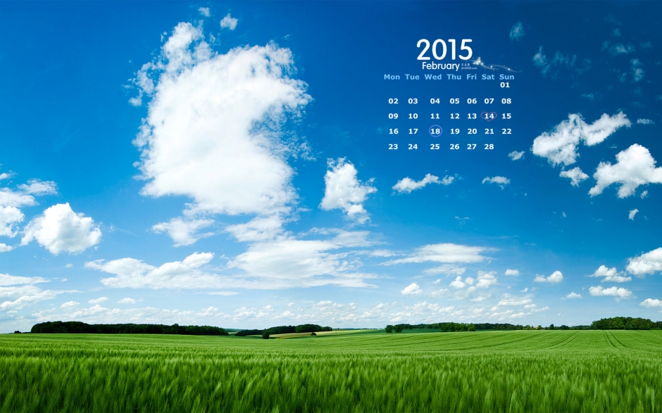 2015年2月日历壁纸好看的蓝天白云绿色草地高清护眼风景图片下载