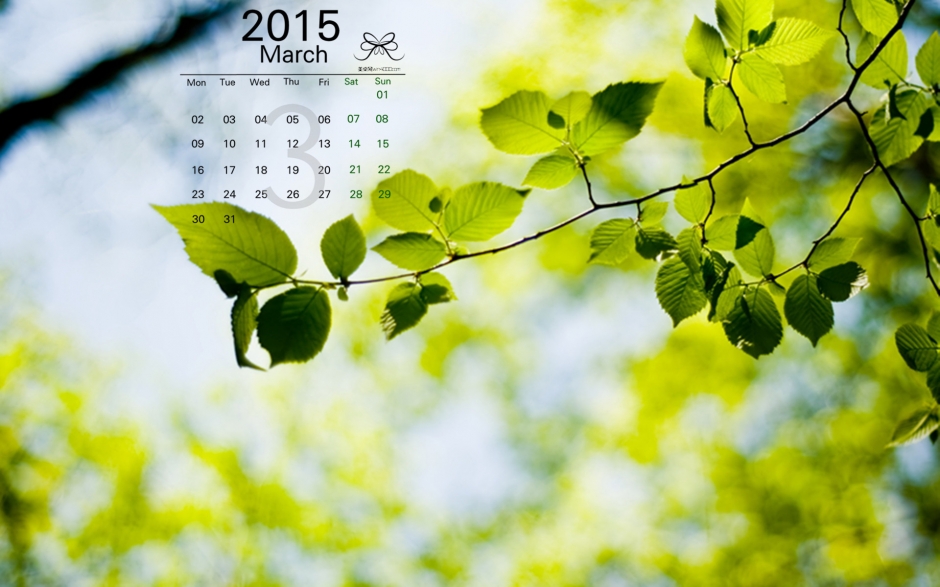 2015年3月日历洒满阳光的温馨暖色调绿叶高清屏保桌面壁纸电脑图片