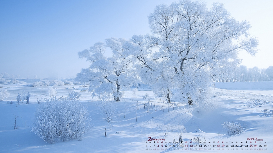 2017年2月唯美雪景日历壁纸