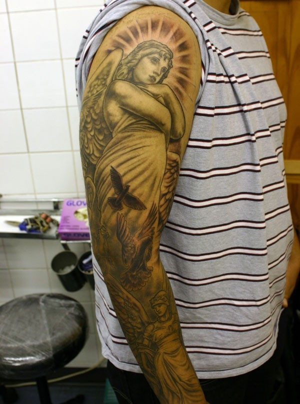 天使花臂纹身图案 花臂黑白天使纹身刺青个性独特