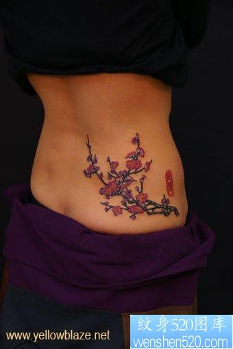 日本纹身图片：一张美女腰部彩色樱花纹身图案