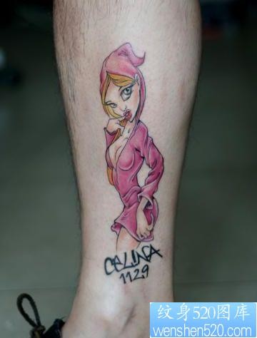腿部一张卡通欧美美女纹身图片