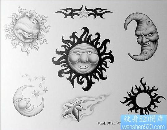 星座纹身图片：太阳月亮五角星纹身图案