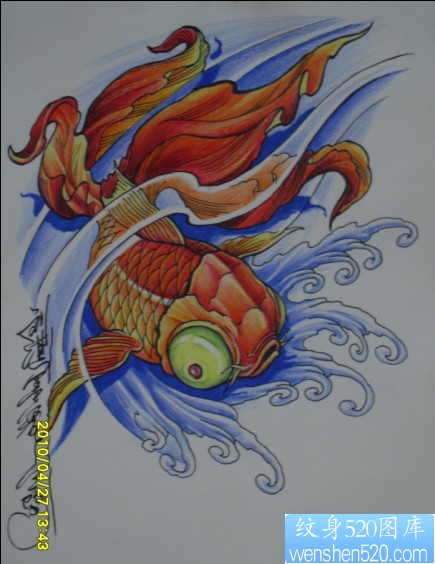 金鱼纹身图片：彩色金鱼纹身图案