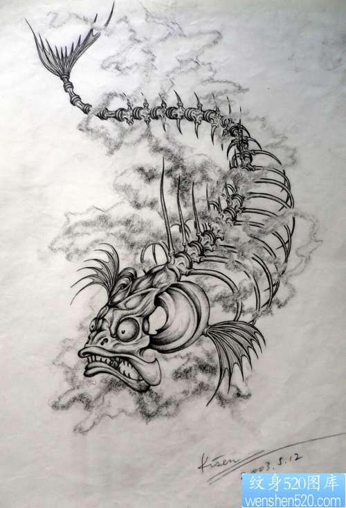 鱼骨架纹身图片