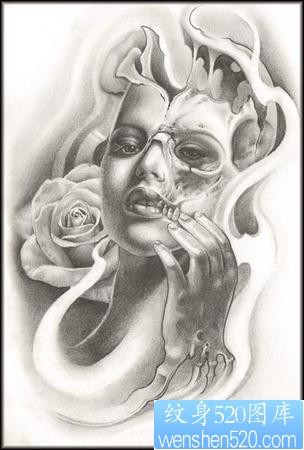 欧美纹身图片：欧美美女骷髅玫瑰花纹身图案