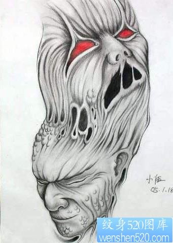 恶魔纹身图片：恶魔鬼头纹身图案