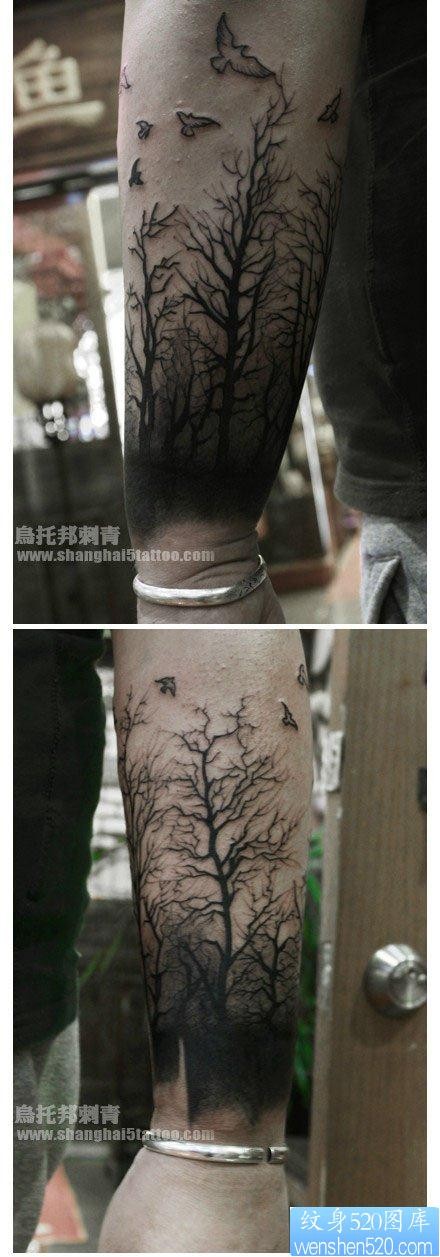 手臂一张经典帅气的森林纹身图片