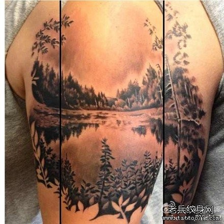 手臂流行写实的一张风景山水纹身图片