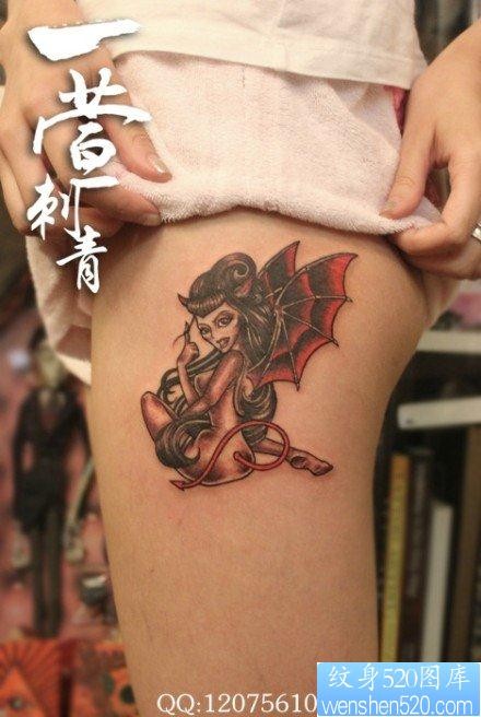 女人腿部一张美女小恶魔纹身图片