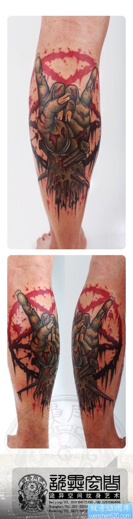 腿部流行很酷的僵尸手纹身图片