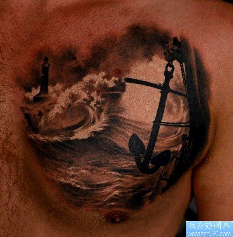 一张胸口写实是船锚纹身图片