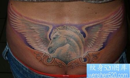 独角兽纹身图片：腰部彩色独角兽翅膀纹身图案