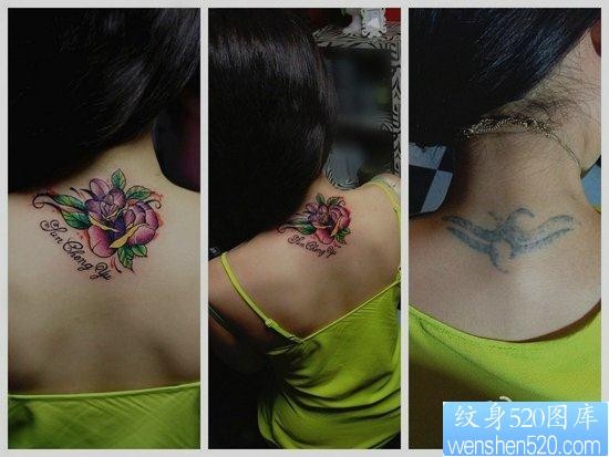 女人后背唯美的玫瑰花纹身图片