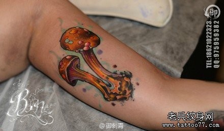 手臂内侧前卫流行的蘑菇纹身图片