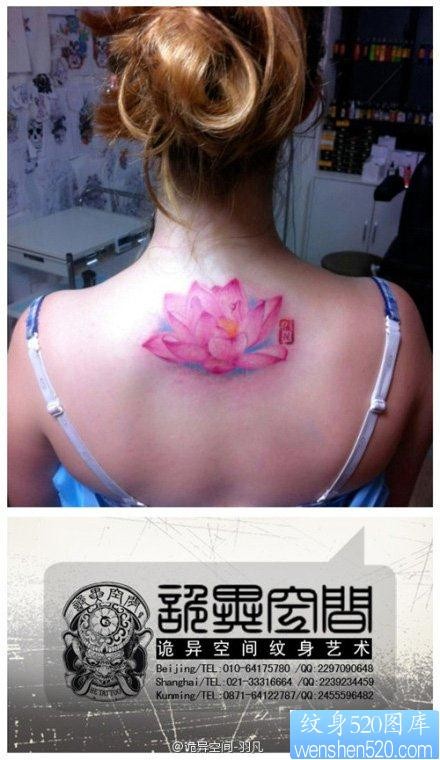 女人后背好看精美的粉色莲花纹身图片