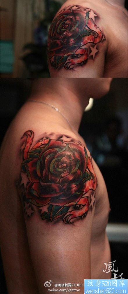 手臂流行唯美的一张彩色玫瑰花纹身图片