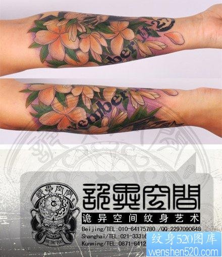 女人手臂漂亮精美的彩色花卉纹身图片