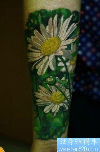 手臂流行唯美的彩色邹菊纹身图片