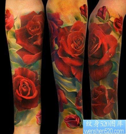 手臂漂亮的写实的彩色玫瑰花纹身图片