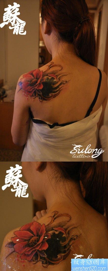 美女后肩背漂亮前卫的罂粟花纹身图片