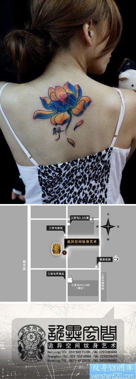 女人后背唯美流行的莲花纹身图片