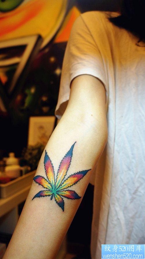 女人手臂唯美好看的大麻叶纹身图片