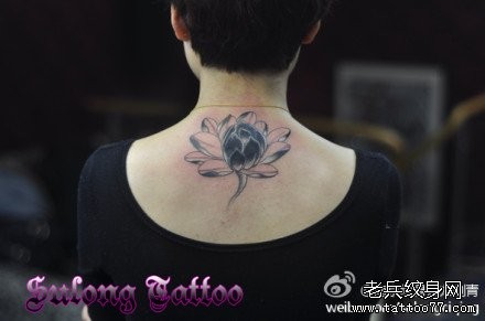 女人背部唯美经典的黑灰莲花纹身图片