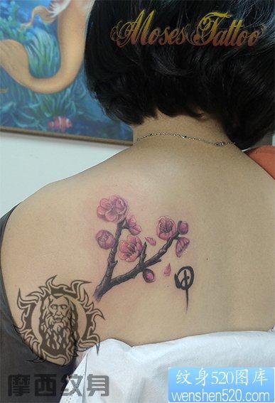 女人背部唯美流行的梅花纹身图片