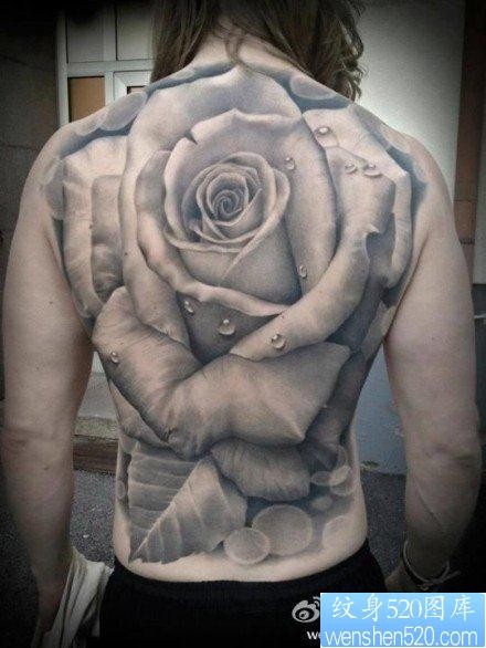 经典的满背黑灰玫瑰花纹身图片