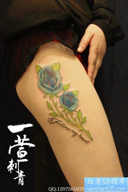 女孩子腿部漂亮的彩色玫瑰花纹身图片
