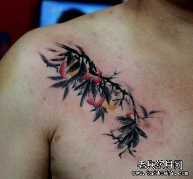 男生胸部一张桃子纹身图片