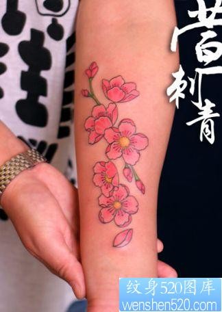 女孩子手臂彩色桃花纹身图片