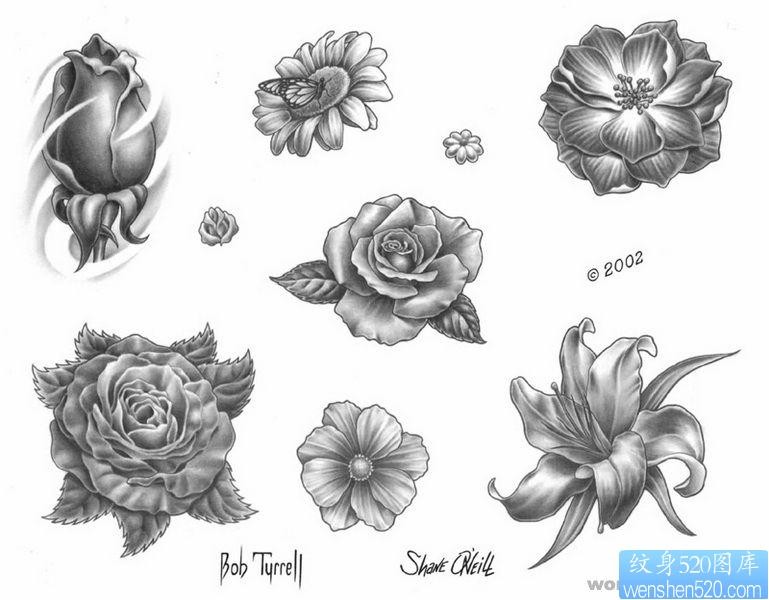 黑灰素描图片：玫瑰百合纹身向日葵纹身图片图案