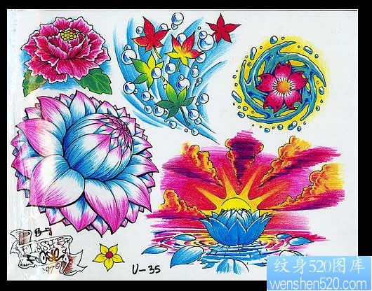 各色鲜花汇集的花卉纹身图案