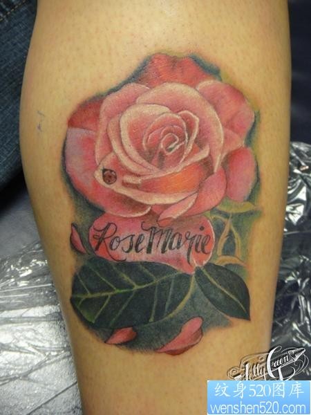 腿部纹身图片：腿部玫瑰花纹身图片图案
