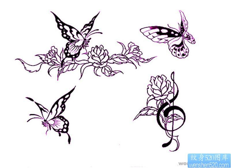 图腾纹身图片：图腾蝴蝶音符玫瑰纹身图片图案