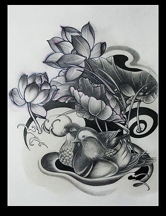 鸳鸯荷花素描手稿纹身图片图案