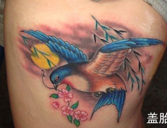小燕子纹身图片：腿部彩色小燕子樱花纹身图案