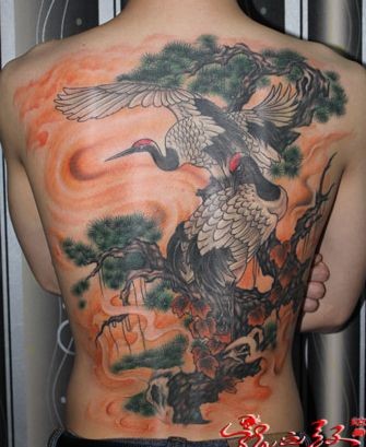 好看的满背白鹤仙鹤纹身图片