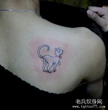 女人肩背一张白色小猫咪纹身图片