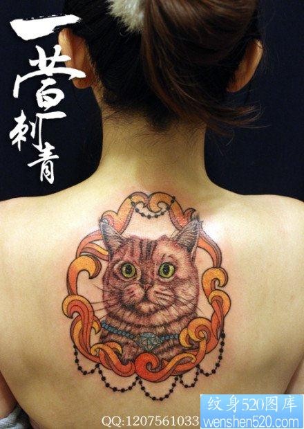 女人背部一张猫咪纹身图片